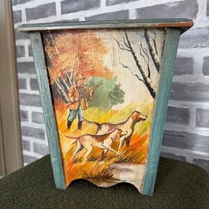 Vintage Wood Hand Painted Waste Basket Hunting Scene Dogs Blue Green Unique Rare
